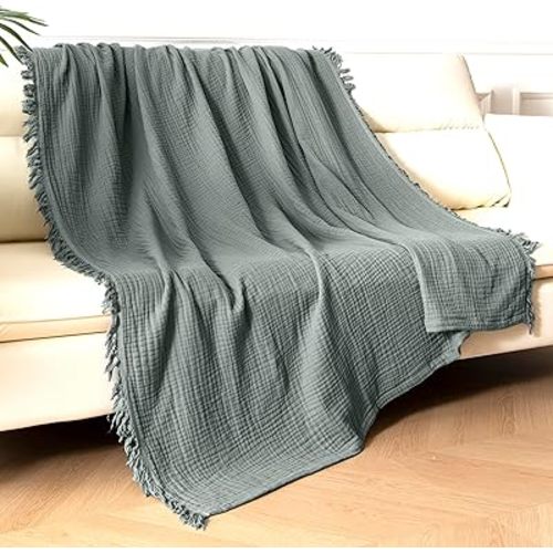 KyraHome 100% Organic 60"x80" Large Muslin Blankets for Adults, Toddler, Plant Dyed Pre-Washed, Breathable, Soft, Lightweight Cotton Twin Blankets for Couch, All Season (Sage Green)