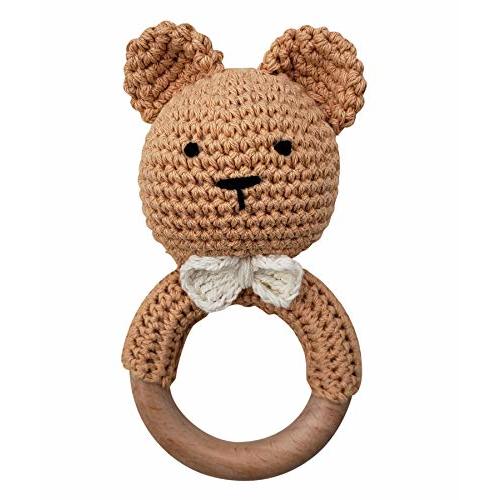 Natural Crochet Teddy Bear Teether Baby Toy Rattle Forest Friends Amigurumi on Natural Wooden Teething Ring Rattle New Born Photography (Teddy Bear Rattle)