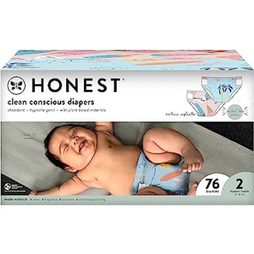 The Honest Company Clean Conscious Diapers | Plant -Based, Sustainable | Summer '23 Limited Edition Prints | Club Box, Size 2 (12-18 lbs), 76 Count