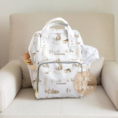 Diaper Backpack French Toile Nursery Decor Classic Winnie Pooh Baby Shower Gift New Mom Bag Pooh Name Blanket Personalized Welcome Baby Gift