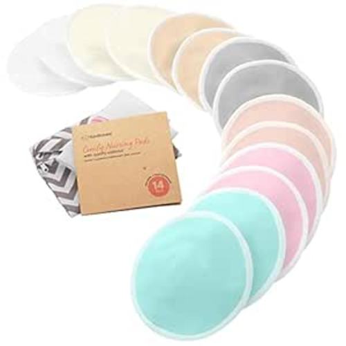 Organic Nursing Pads - 14 Washable Breast Pads for Breastfeeding, Wash Bag, Viscose Derived from Bamboo Reusable Nipple Covers for Breastfeeding Essentials, Soft & Absorbent (Pastel Touch, L 4.8")