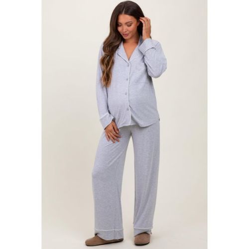 Pinkblush Heather Grey Button Down Top Wide Leg Pant Maternity Pajama Set Large