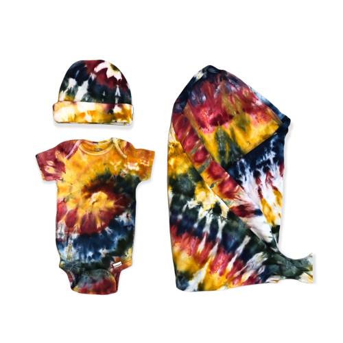 RAINBOW NATION Baby Ice Tie Dye Set 0-6m | Bodysuit + Hat + Swaddle Blanket