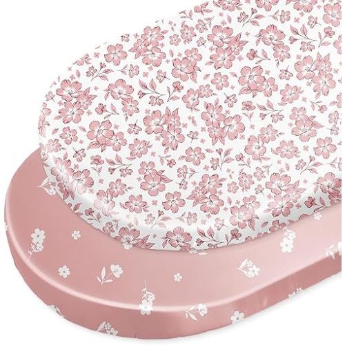 Unicorn Castle Satin Bassinet Sheets Baby 2 Pack Soft for Baby Hair Skin Fitted Bedside Bassinet Sheets for Newborn for Oval Rectangle Hourglass Bassinet Mattress,Pink Floral - Pink
