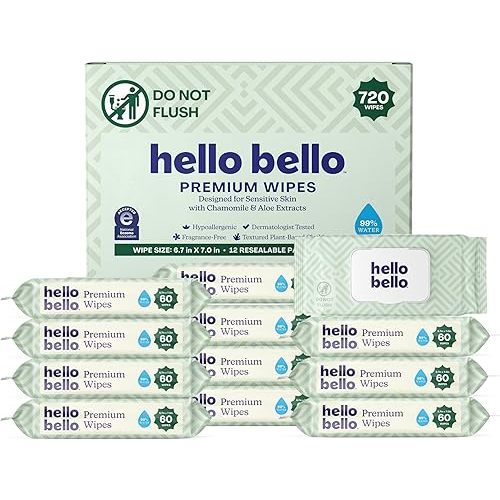 Hello Bello Premium Baby Wipes, Designed for Sensitive Skin with Chamomile & Aloe Extracts, Simply Sage (12 Resealable Packets = 720 Total Wipes)