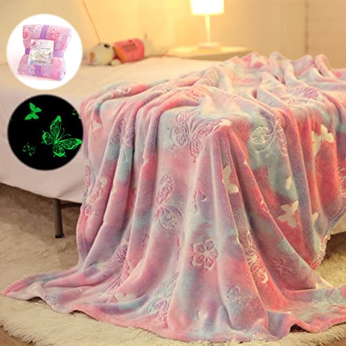 Glow in The Dark Blanket Butterfly Gifts for Girls, Soft Blanket 3 4 5 6 7 8 9 10 11 12 Year Old Girl Gifts, Toddler Girls Toys Age 6-8,Grandkids Teens for Christmas Birthday Gifts, 50x60