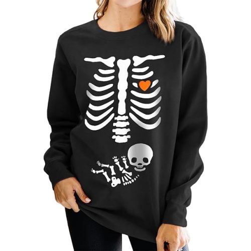 SOFEON Women Halloween Sweatshirt X-Ray Skeleton Maternity Sweatshirt Funny Pregnancy Announcement Crewneck Pullover Tops