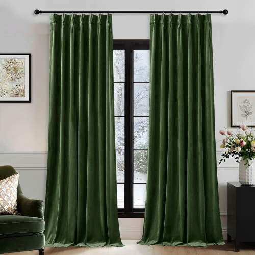 Nalqet Pinch Pleated Velvet Blackout Curtains 90 inches Long 2 Panels Set, Blackout Luxury Elegant Drapes Thermal Insulated Window Curtains for Bedroom,Living room,Office, Olive Green