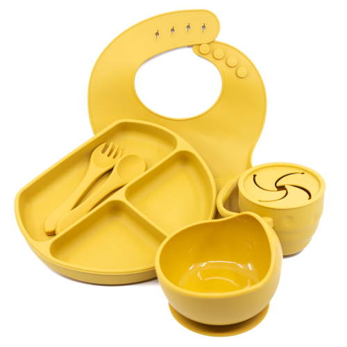 Muqee Peeko Mustard Yellow Silicone Baby and Toddler Feeding Set - Plate Set with Utensils (6 Piece Set)