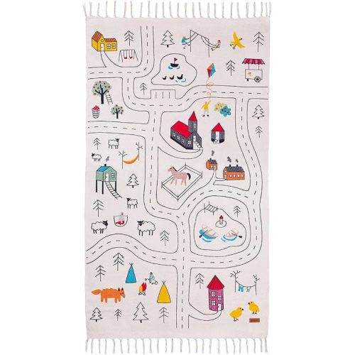 Organic Cotton Kids Play Rug - City Road Map Design, 59 x 35 Inches, Hand-Woven Non-Toxic Nursery & Playroom Carpet, Reversible Scandinavian Style Mat