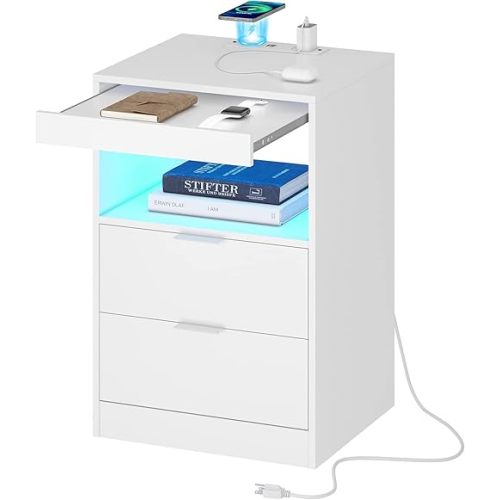 Tiptiper LED Nightstand with Wireless Charging Station, Bedside Table with LED Lights, End Table with 2 Drawers, 1 Pull-Out Tray and Open Storage, Modern Night Stand with USB Ports and Outlets, White