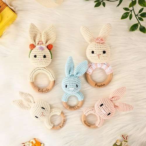 Custom Baby Rattle with Engraved Name, Crochet Teething Ring, Wooden Sensory Toy, Unique Baby Shower Gift