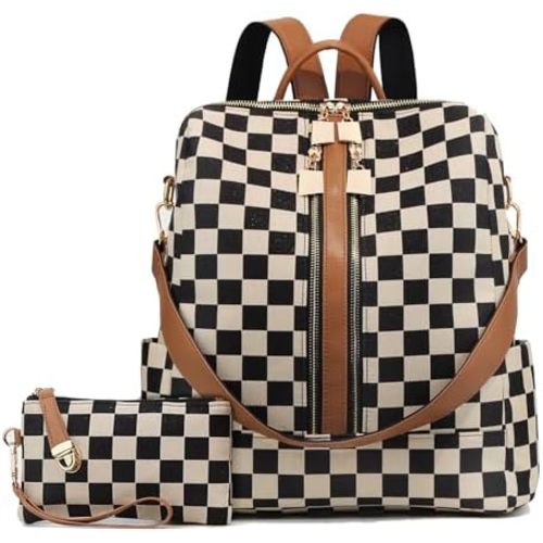 Checkered Backpack Purse for Women Plaid Back Pack Purses Leather Backpack Bags Handbags for Travel Work (Brown)