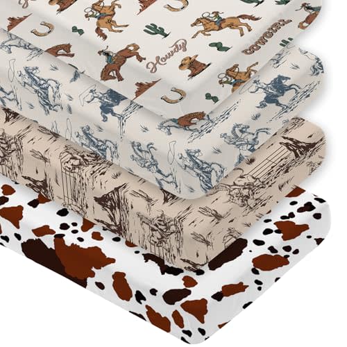 4 Pack Western Cowboy Crib Sheet Set for Boys or Girls, Neutral Soft Breathable Fitted Crib Sheet, Western Nursery Decor for Standard Crib and Toddler Bed Mattresses 28 x 52 in