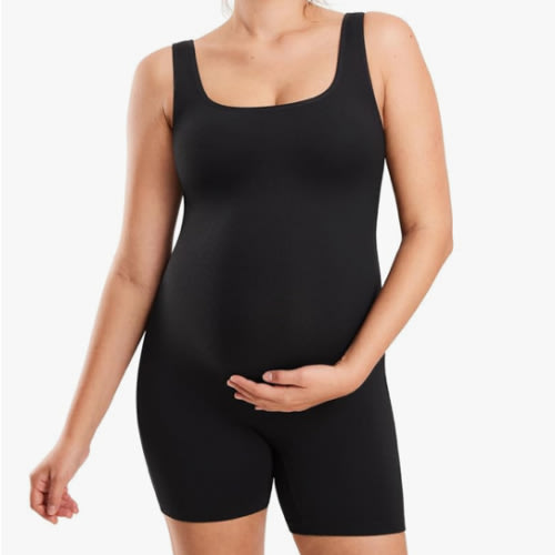 MOMANDA Women's Maternity Bodysuit Ribbed Sleeveless Shorts Jumpsuit Square Neck Tank Top Romper for Pregnancy