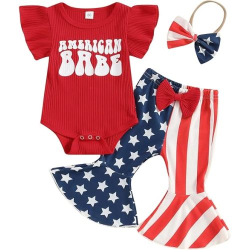Kuriozud Newborn Baby Girl Bell Bottom Outfit Ruffle Romper Cute Bow Flare Pants Set Headband Cute Clothes