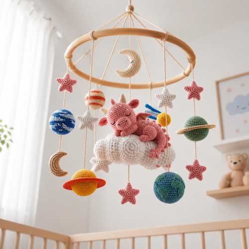 Crochet Dragon Baby Mobile, Fantasy Nursery Decor, Space Planet Crib Mobile