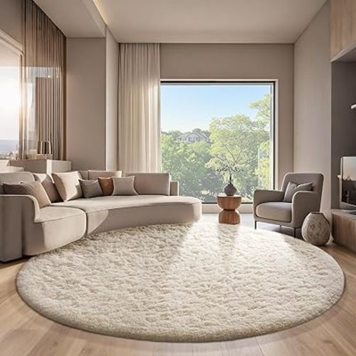 Ophanie Round Rugs 7Ft Ivory Circle Area Rug, Aesthetic Room Decor, Fluffy Fuzzy Bedroom Carpet, Plush Soft Shaggy Cream Living Room Rugs for Kids Home Decor, Nursery