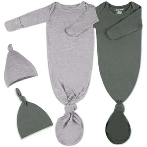 2Pack Knotted Gown Baby, Super Soft Long Sleeve Newborn Hospital Outfit Boy Girl Coming Home, Built-In Mittens Clothes