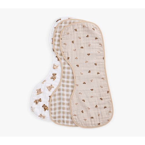 Organic Teddy Bear Muslin Birp Cloth Set Of 3 , Multi