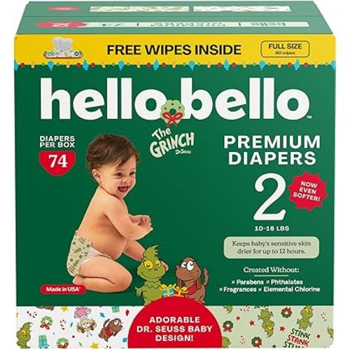 Hello Bello Premium Diapers (Baby Grinch) Size 2 (10-16 lbs), 74ct + Wipes