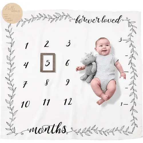 Pondering Pine Organic Baby Monthly Milestone Blanket Boy or Girl - Months Blanket with Wood Frame and Newborn Announcement Disc - Growth Chart for 1-12 Month Milestones, Gender Neutral, 47”x47”