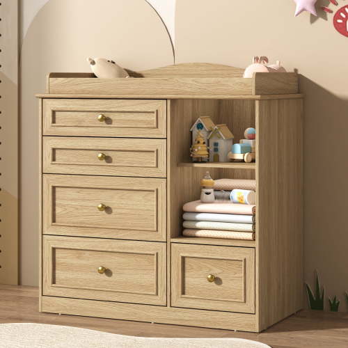 ChVans Changing Table Dresser, Baby Classic Nursery Dresser with 5 Drawers & Open Storage Shelves, Convertible Nursery Dresser Chest of Drawers