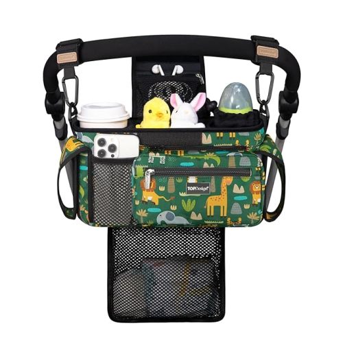 TOPDesign Universal Baby Stroller Organizer, Stroller Caddy with Detachable Mesh Bag & Heightened Insulated Cup Holders & Non-Slip Secure Hooks Accessories, Fits Most Strollers (Zoo 2)