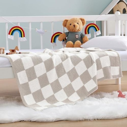 WRENSONGE Checkered Throw Blanket, Taupe Soft Cozy Fluffy Warm Hand Made Throw Blankets for Couch, Sofa, Chair, Bed, Camping, Picnic, Travel Lightweight Bed Blanket - 30"*40"