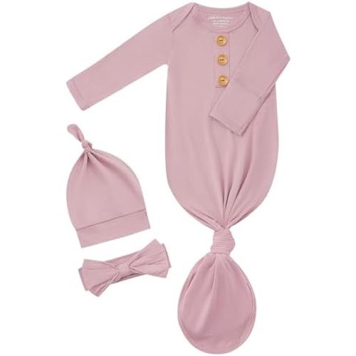 Newborn Knotted Gown Set, Soft Breathable Baby Sleep Gown with Hat & Headband for Boys Girls