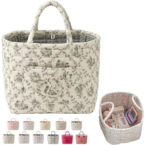 Women's Large Capacity Quilted Car Storage Basket Tote Bag Foldable Washable Multifunctional Diaper Organizer for Moms Daily Use，vine green