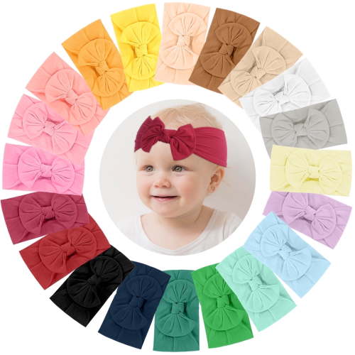 Milemduomar Premium Nylon Baby Headbands with Bows, Toddler Bow Headband in Solid Print, 20 Ct