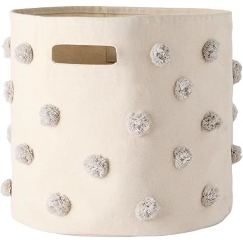 PEHR Pom Pom Basket, Bin, Grey, Cotton Canvas Storage, 13" D x 12" H