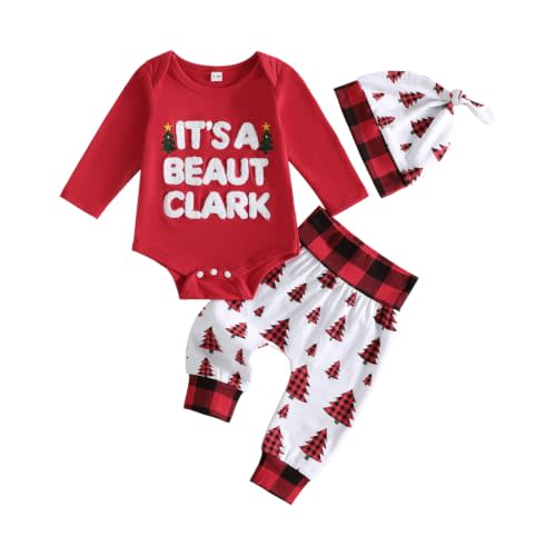 Infant Baby Boy Christmas Outfit Long Sleeve Romper Pants Hat Set | First Christmas Baby Boy Clothes, Christmas Tree and Letter Embroidered Bodysuit, Printed Long Pants