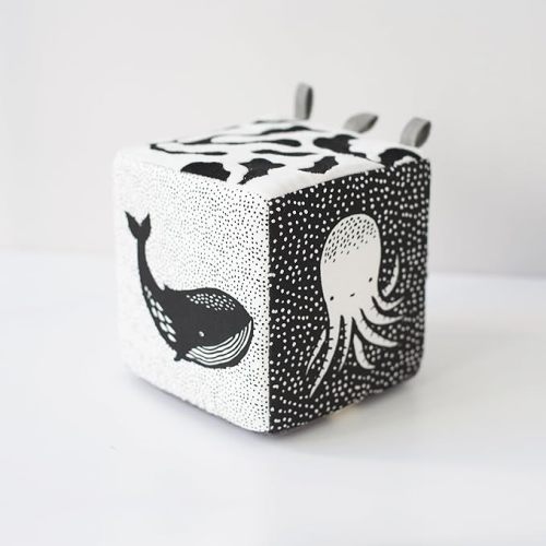 Wee Gallery Soft Block, Baby Sensory Toy with High-Contrast Graphics, Organic Soft Fabric Soft Blocks, Crinkle Flap and Textures, Tummy Time Activity for Babies and Toddlers - Ocean Animals