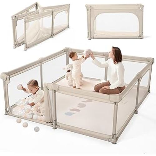 Sweeby Baby Playpen, 59x59 Inch Foldable Playpens for Babies and Toddlers with Gate, Large Playpen with Door Play Yard for Baby Fence Indoor and Outdoor Portable Play Pen, Beige