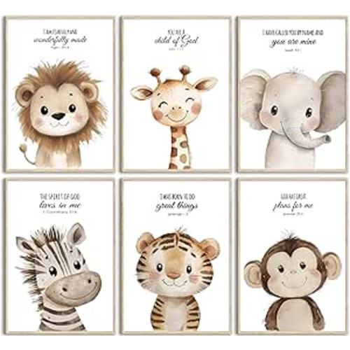 6Pcs Nursery Bible Verse Animal Wall Art Cute Woodland Animals Christian Picture Wall Decor Lions Elephant Giraffe Poster Print Artwork for Classroom BabyBedroom Boys Girls Home Decoration Unframed