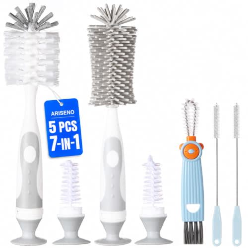 Ariseno 7-in-1 Baby Bottle Cleaner Set, Including Nylon & Silicone Bottle Brush, Cap, Straw & Nipple Brushes, BPA-Free (Gray)