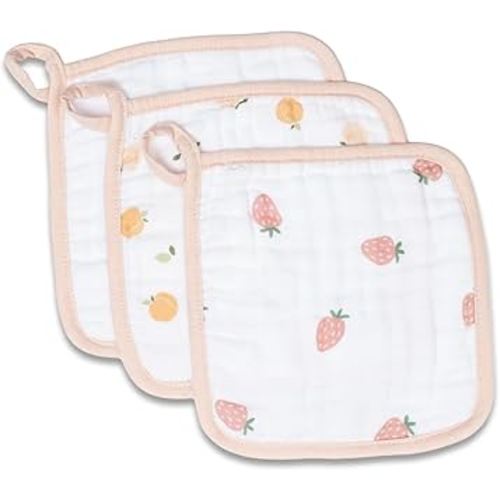 lulujo Cotton Muslin Baby Washcloths Absorbent Newborn Bath Face Towel for Delicate Skin, 3-Pack, Peaches, White & Strawberries