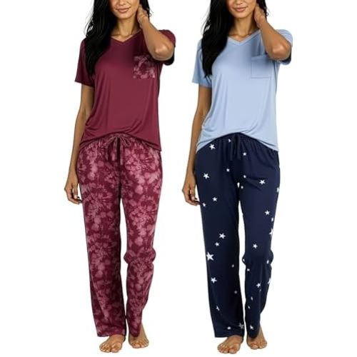 Real Essentials 2 Pack: Women's Comfy Pajama Sets - Short & Long Sleeve Ladies Loungewear Sleepwear PJs (Available In Plus)