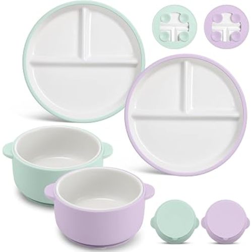 Domensi 4 Pcs Porcelain Kid Plate and Bowl Set with Suction, 2 Ceramic Toddler Divided Plates 2 Baby Anti Slip Silicone Sleeve Bowls for Feeding Supplies Microwave Dishwasher Safe (Dewdrop,Sugarplum)