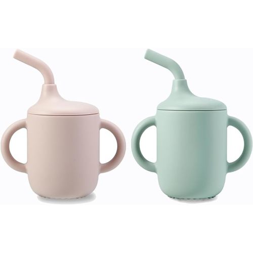 PandaEar 2 Pack 100% Silicone Baby Straw Cups, Toddler Sippy Cup for Babies 6-12-18 Months, Spill Proof Tiny Drinking Training Cup with Handles & Straw for Baby and Toddler (Pink Green)