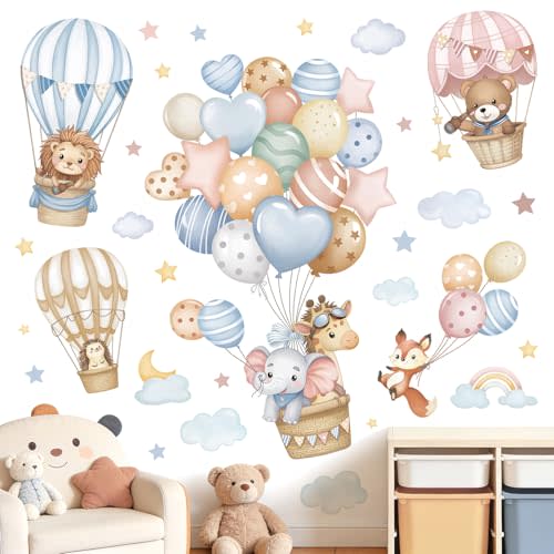 wondever Balloons Animals Wall Decals Hot Air Balloon Bear Wall Stickers | Peel and Stick, Removable, Wall Art Decals, Wall Decoration, Kids Room, Bedroom Baby Nursery Playroom Decor