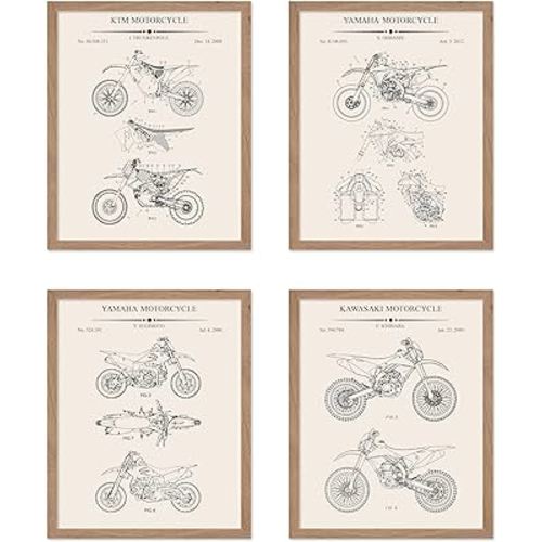 Monem Art 4-Piece Vintage Motorcycle Blueprint Poster - Bicycle Patent Print - Motor Vehicle Art - Transportation Design - Bike Enthusiast Design - Garage or Man Cave Decor - 11x14 Beige Framed
