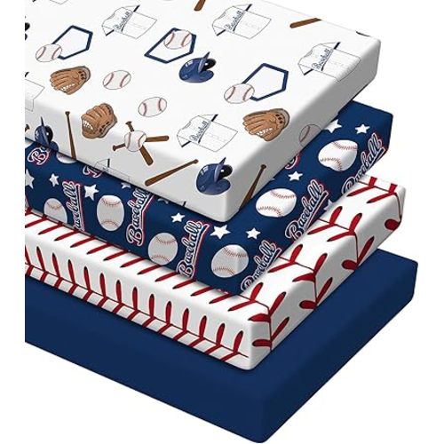 VitalCozy 4 Pcs Baseball Crib Sheet Set Newborn Bedding Nursery Baby Sheets for Girl Boys Baby Gifts for Standard Crib and Toddler Mattresses, 52 x 28 x 8 Inches