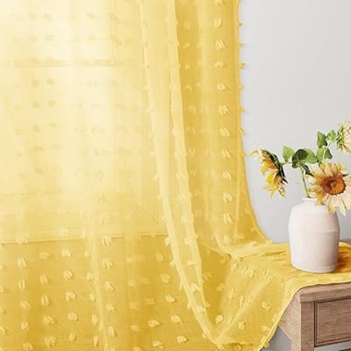 Guken Yellow Semi Sheer Curtains for 84 Inches Long Nursery Kids Room, Back Tab Rod Pocket Pom Pom Boho Design, Light Filtering Curtains for Living Room Bedroom Dining Room, 38 x 84 inch 2 Panels