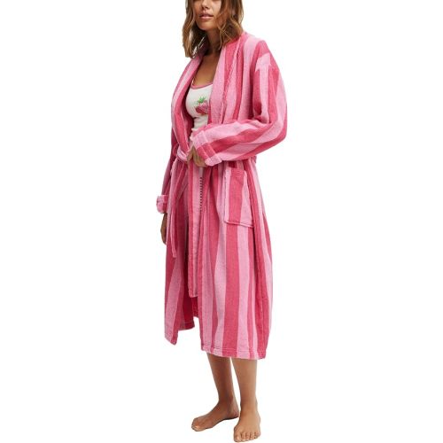 Women Striped Plush Soft Long Towel Robe Shawl Collar Bathrobe Lightweight Warm Gown with Belt