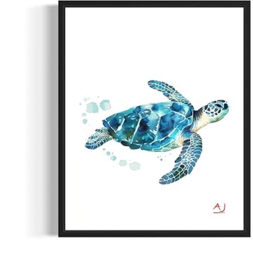 Sea Turtle Art Print Poster, Sea Animals Watercolor Painting, Fish Nautical Sea Creature Wall Decor Illustrations Living Room Bedroom Decorations. (Sea Turtle, 11x14 inches + (Black Frame))