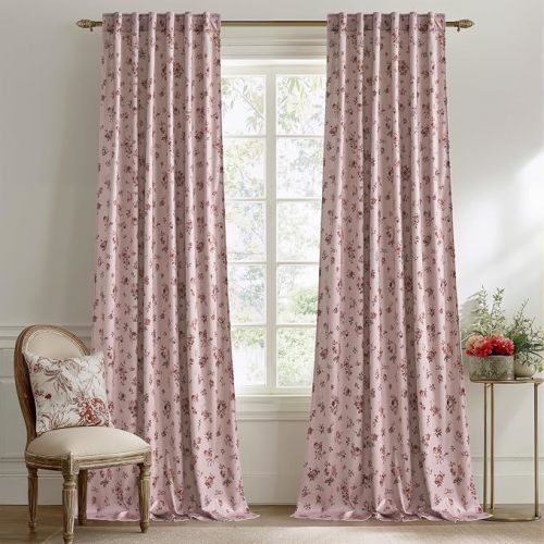 Dusty Rose Pink Floral Velvet Curtains 84 Inch 2 Panels
