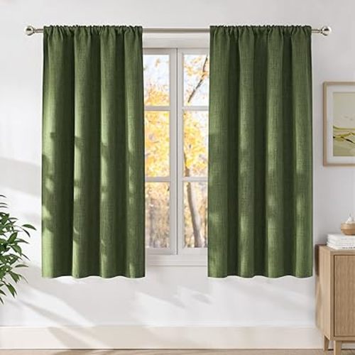 NICETOWN Froest Green Faux Linen Room Darkening Rod Pocket Curtains 63 inch Length, W42 x L63, Light Blocking Thermal Insulated Noise Reducing Drapes for Bedroom Living Room Farmhouse Decor, 2 Panels
